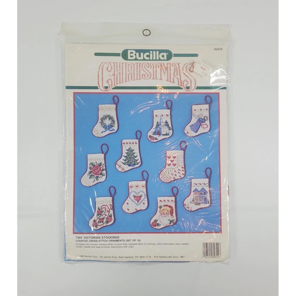 VTG 90s Bucilla Counted Cross Stitch Kit Tiny Victorian‎ Christmas Stockings NEW